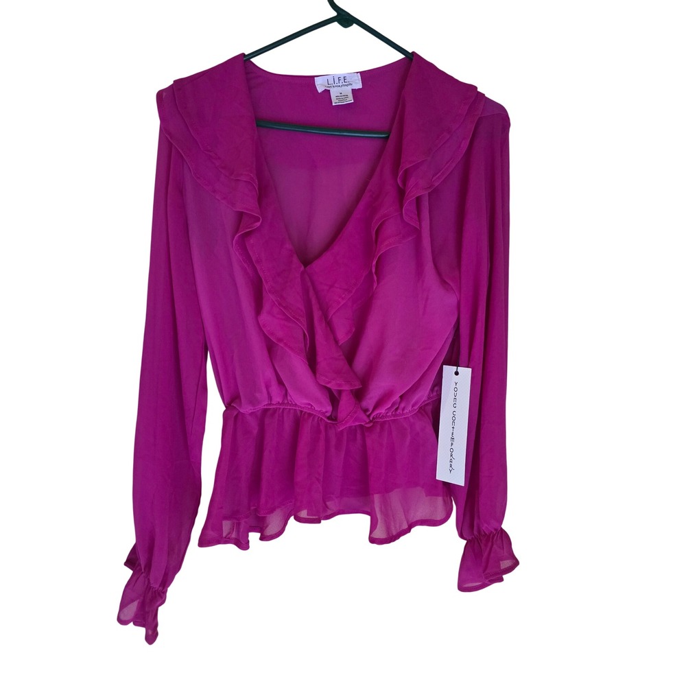 LIFE Love Is For Eternity Fuchsia Pink Ruffle Peplum Blouse Sheer V-Neck NWT M